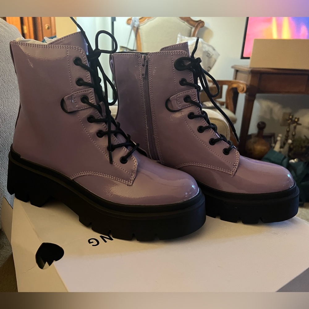 Call It Spring Sidneyy Lilac Combat Boots, Tie/Zip Closure, New in box